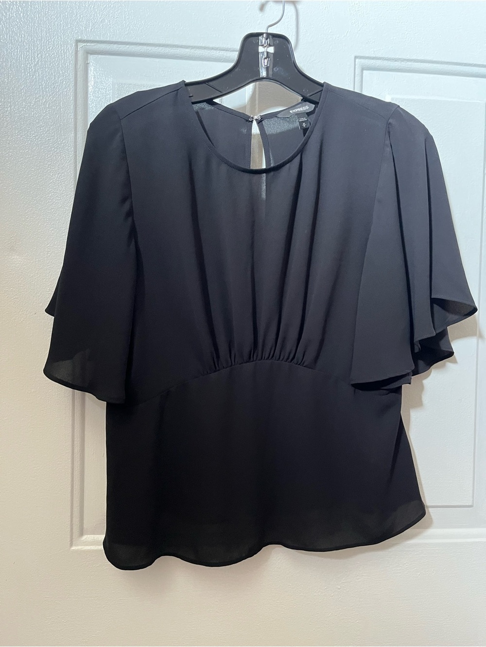 Express Black Flutter-Sleeve Crewneck Blouse
